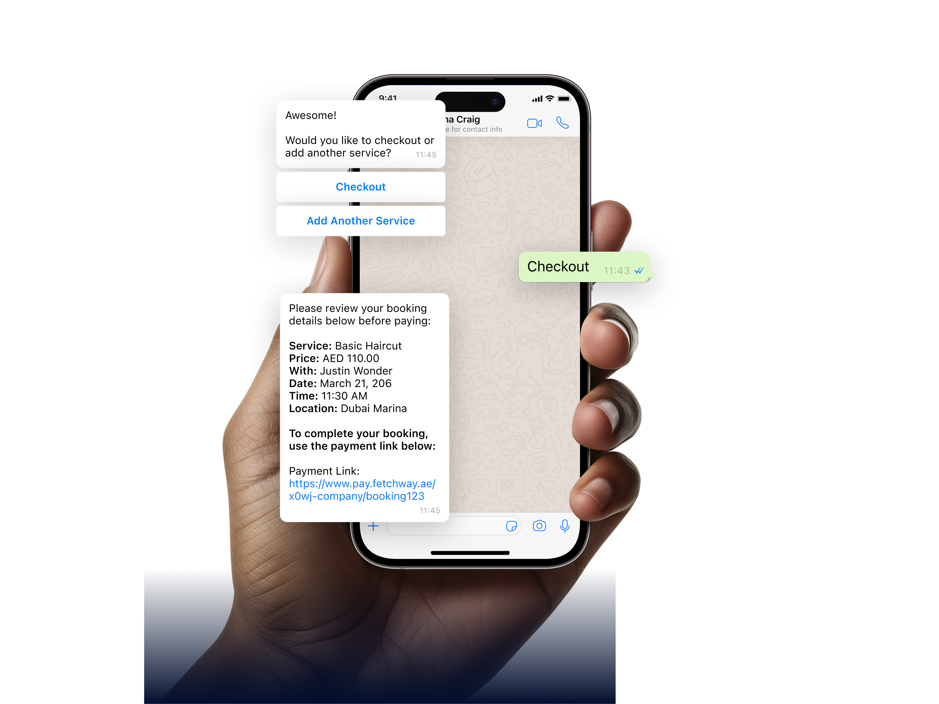 Hand holding a phone showing the Fetchway app in WhatsApp